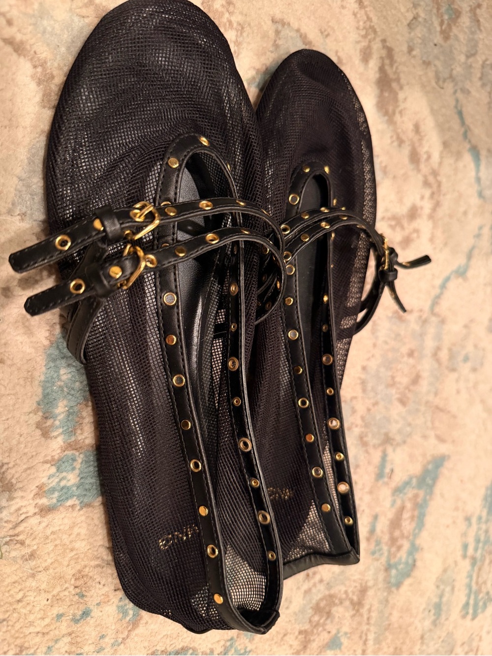 MNG Mango Black Mesh Studded Mary Jane Ballet Flats Gold Size 39 - Picture 2 of 3